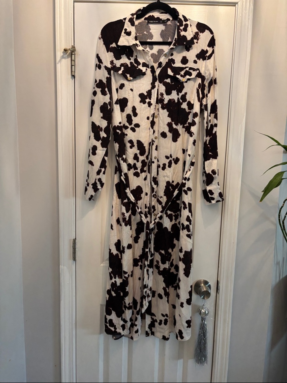 Karen Mullen Long Sleeve Cow Print Button-Front Shirt Dress - Black & White